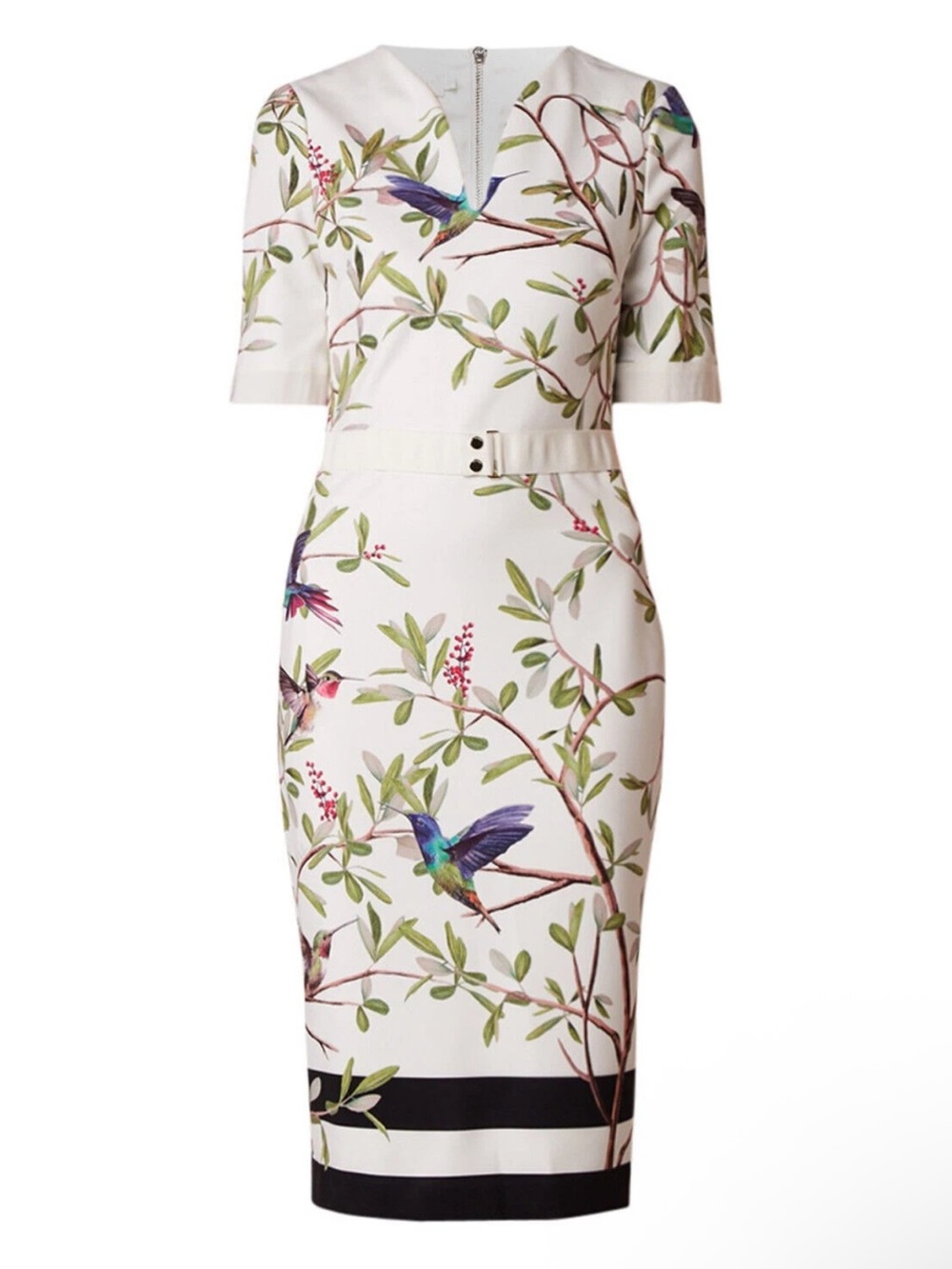 EUC TED BAKER Everly Highgrove Hummingbird Blossom Bodycon Dress L/10 - Picture 1 of 16